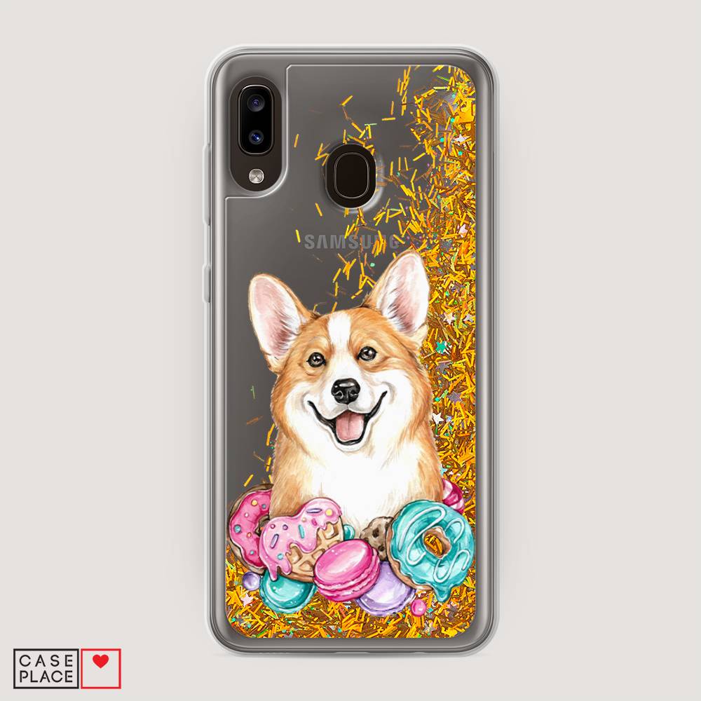 

Жидкий чехол с блестками "Корги и сладости" на Samsung Galaxy A20, 27690-1