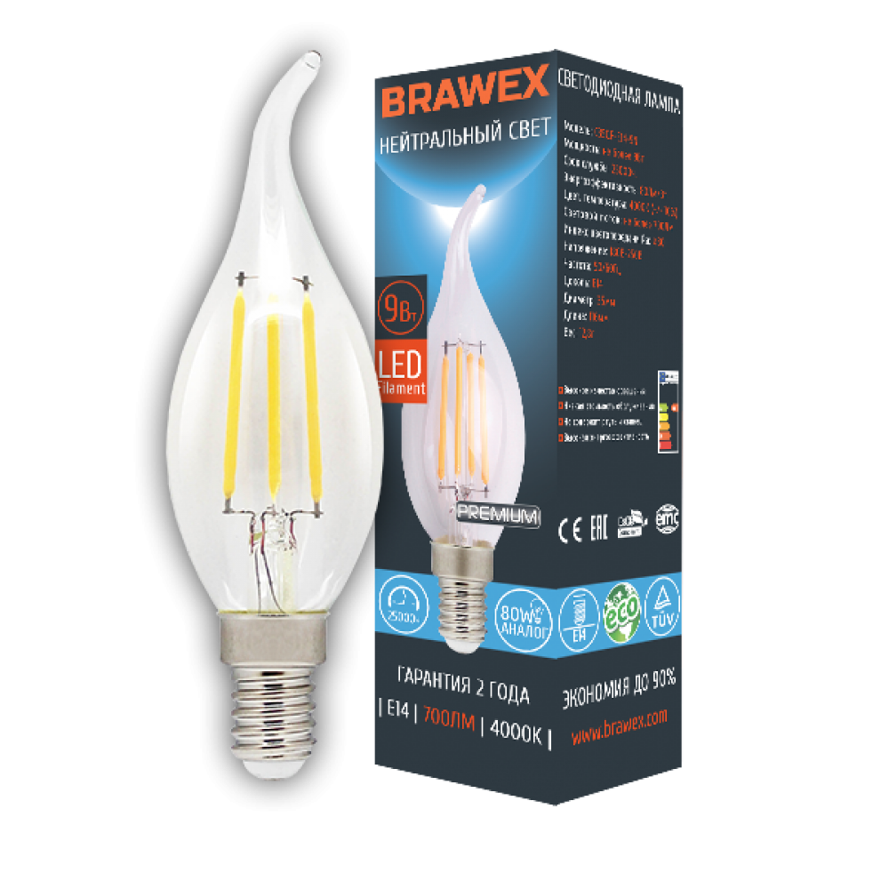 

Упаковка светодиодных ламп Brawex LED Filament Candle 9W 4000K E14 C35QF-E14-9N 10шт