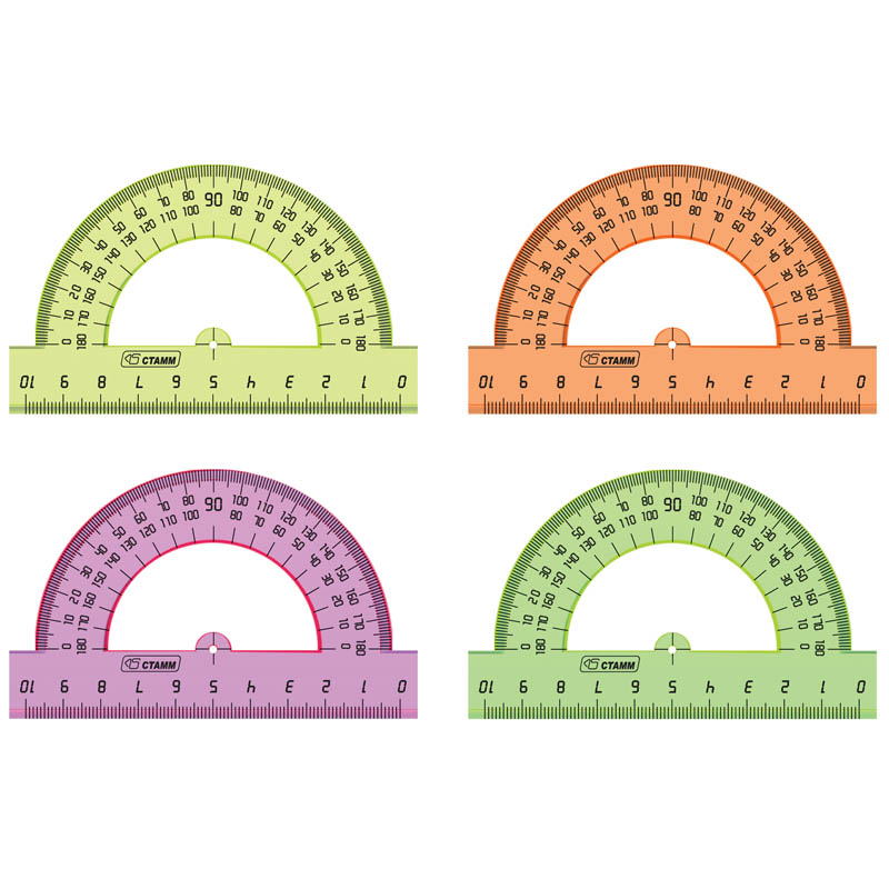 Транспортир 10см, 180° СТАММ, пластиковый, прозрачный, неоновые цвета, ассорти, (20шт.)