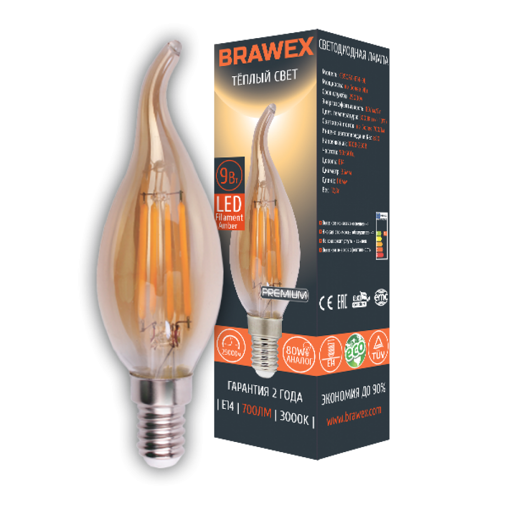 

Упаковка светодиодных ламп Brawex LED Filament Candle золотая 9W 3000K E14 C35QFA-E14-9L