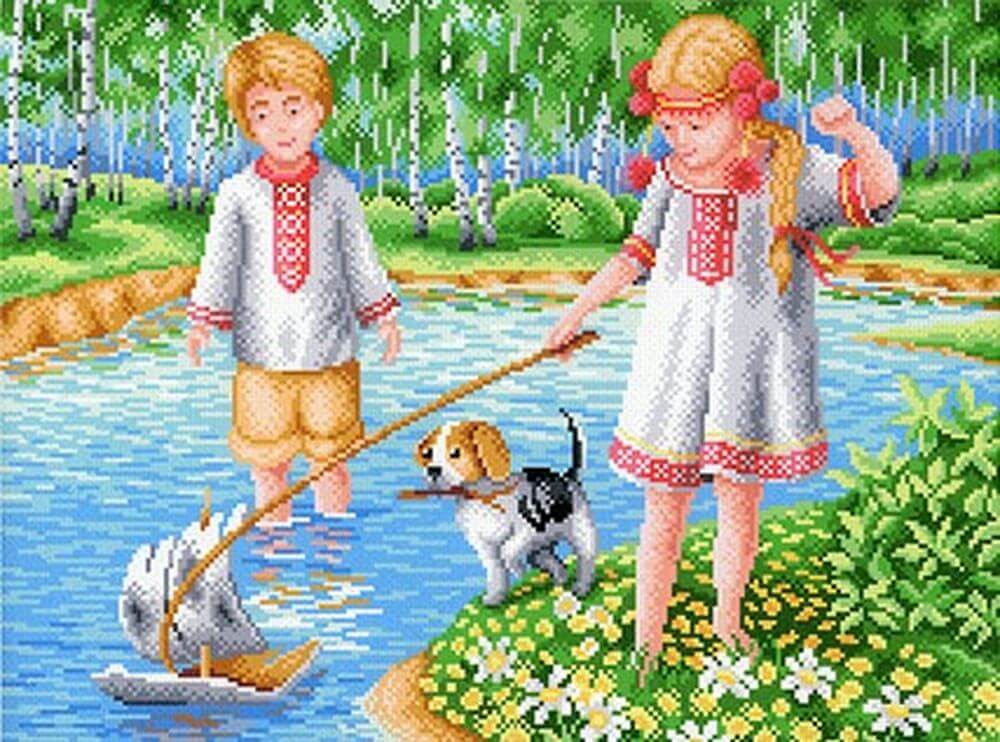 

Рисунок на ткани «Игры на реке»