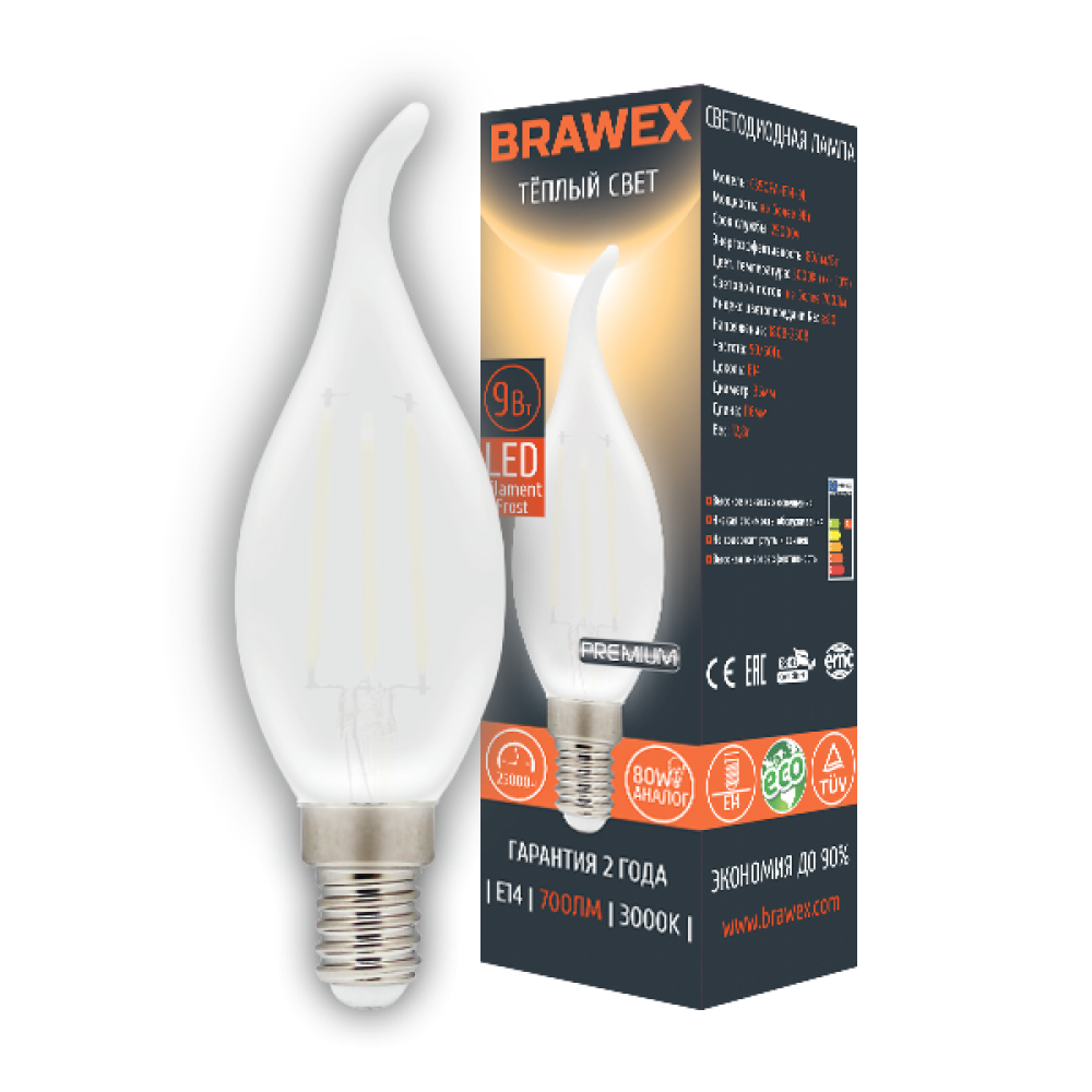 фото Упаковка светодиодных ламп brawex led filament candle 9w 3000k e14 c35qff-e14-9l 10шт