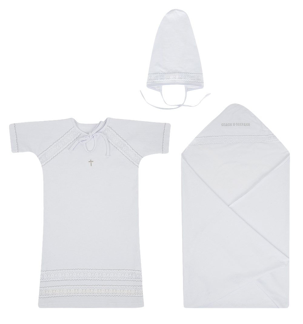 фото Крестильный набор пеленка/рубашка/косынка leo, цвет: белый р.74
