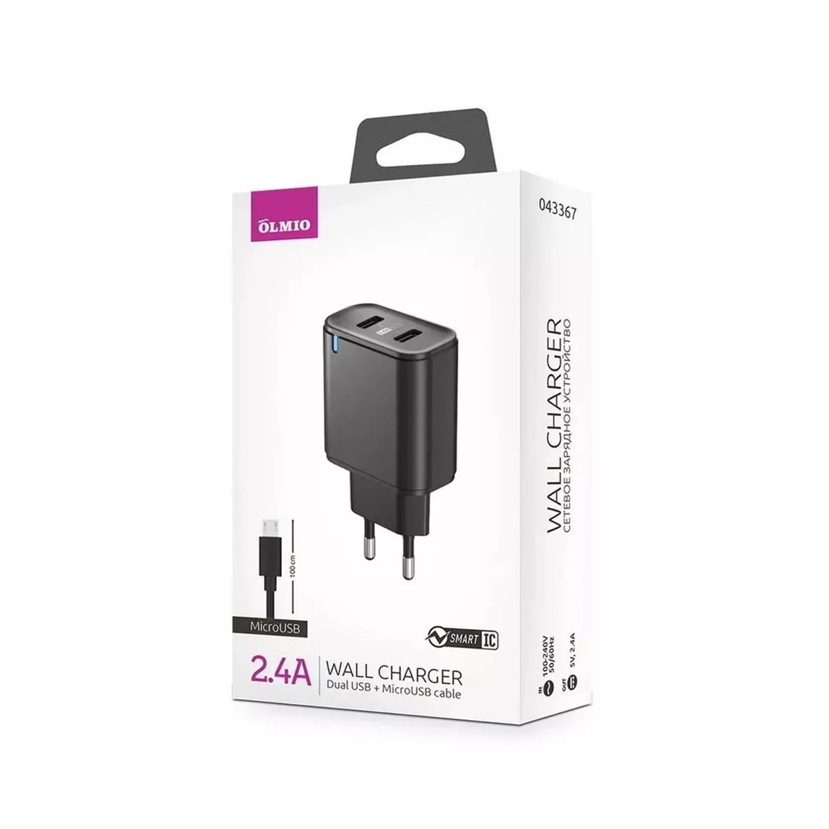 Сетевое зарядное устройство OLMIO 2,4А 2хUSB + кабель microUSB SmartIC