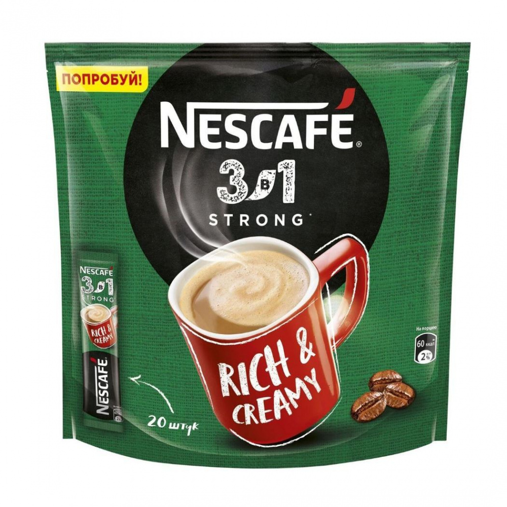 фото Кофе nescafe "крепкий 3 в 1", растворимый, 20 стиков по 14,5 гр