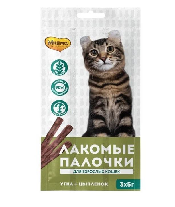 

Лакомство для кошек Мнямс Лакомые палочки цыпленок, утка 15 гр