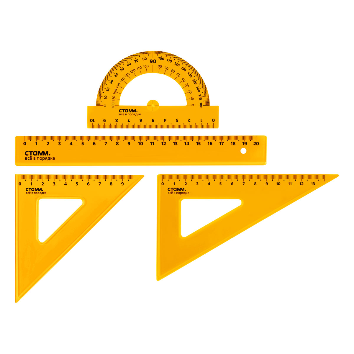 Набор чертежный СТАММ, размер M (линейка 20см, 2 треугольника, транспортир), прозрач