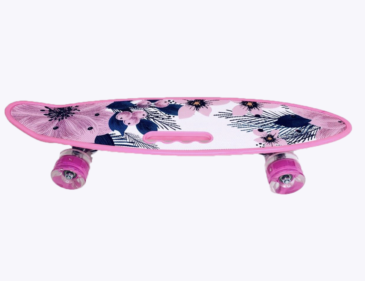 Скейтборд с ручкой 59*17 со светящимися колесами, цветы, пенниборд