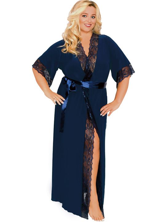 

Длинный пеньюар plus size с изящным кружевом и атласным поясом Akcent бордовый 6X, Красный