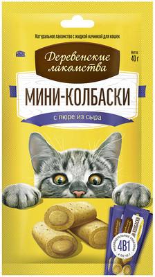 фото Лакомство для кошек деревенские лакомства, мини-колбаски с пюре из сыра, 4шт, 4 г