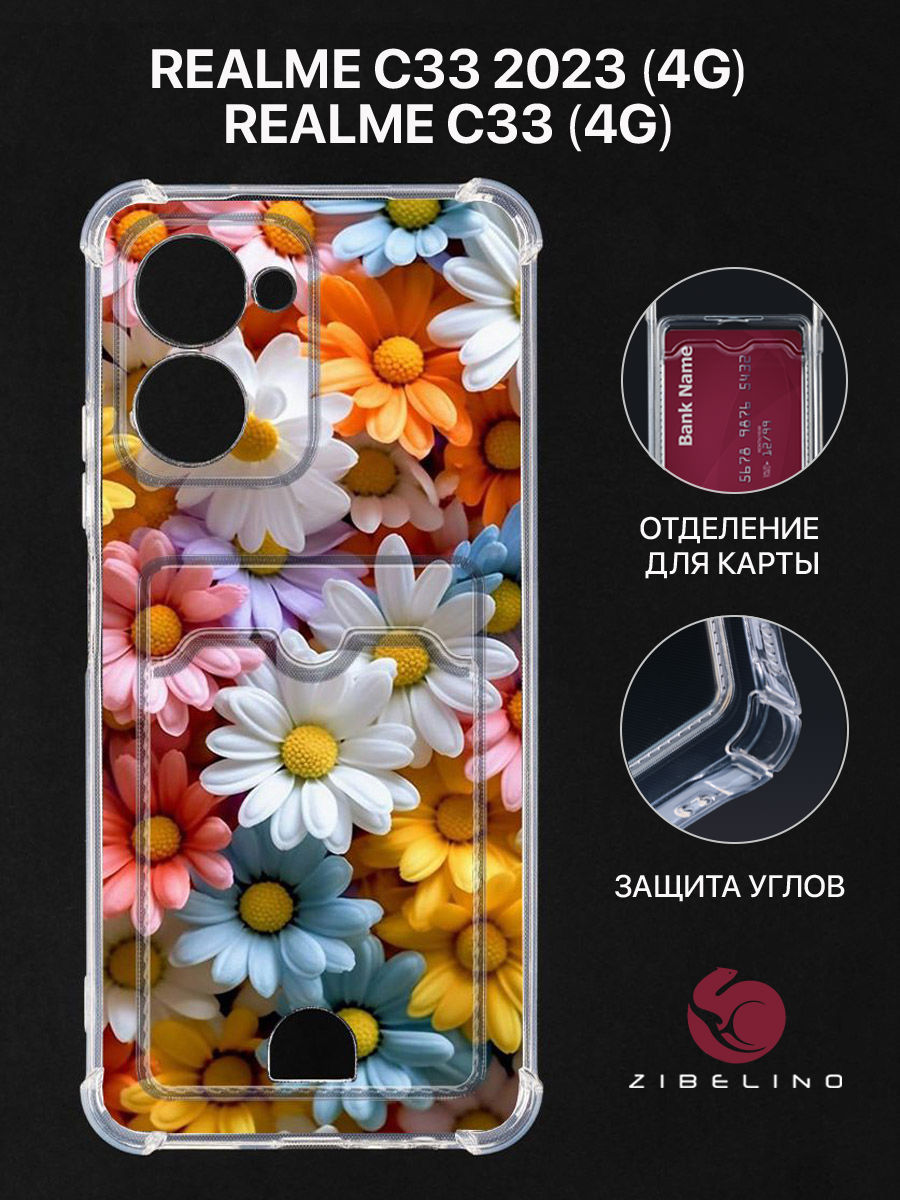 

чехол для realme c33 4g, realme c33 2023 4g картхолдер с принтом нг поляна цветы, Прозрачный, ZSCH-RLM-C33-CAM