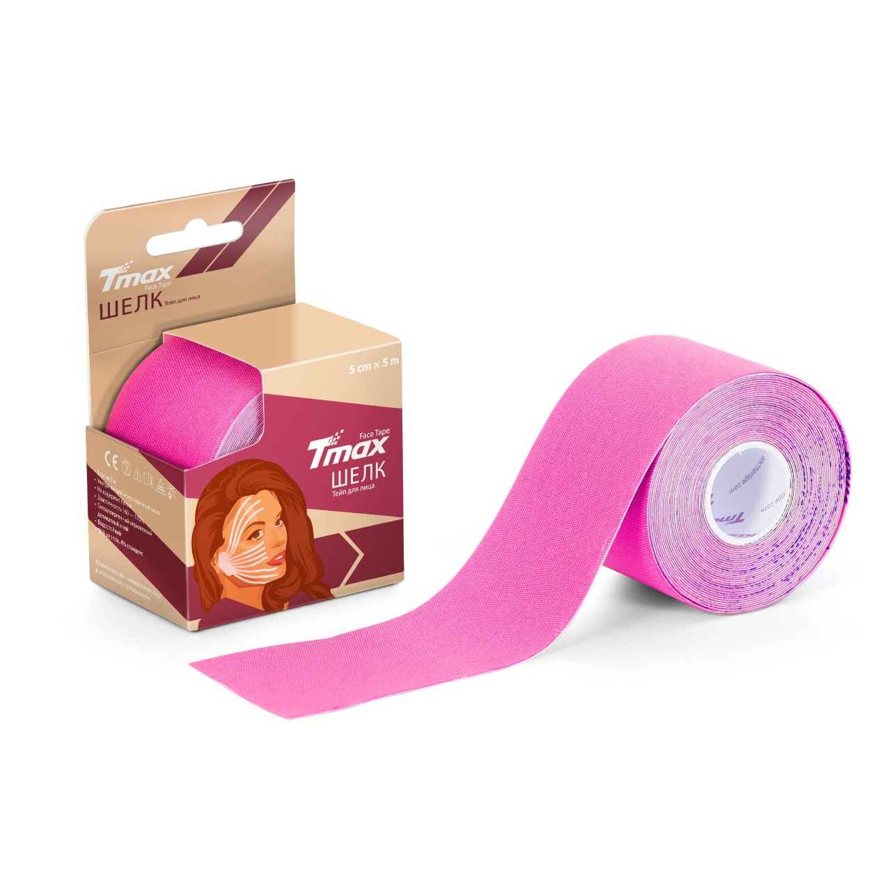 Кинезио тейп Tmax Face Tape 5см х 5м, шелк, розовый