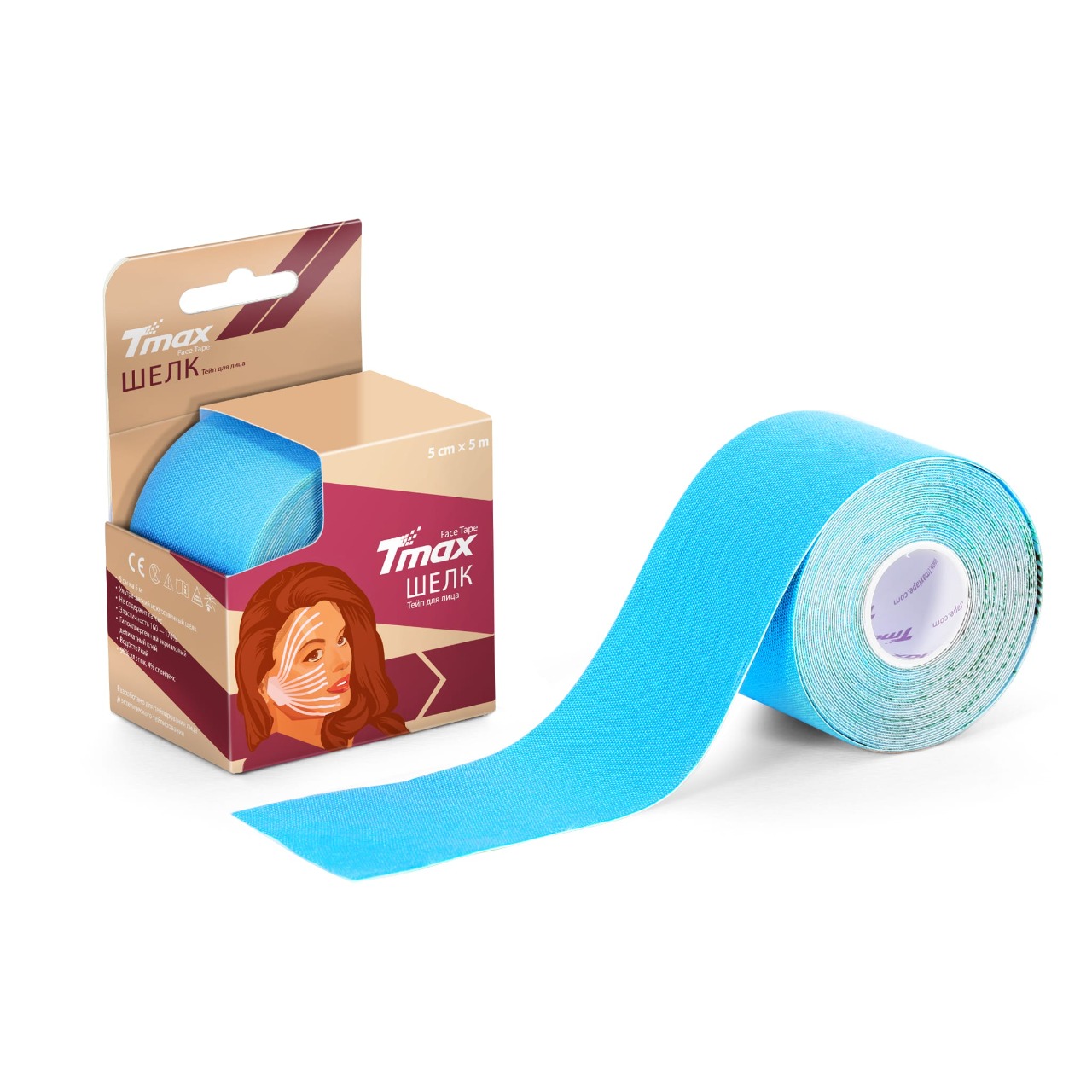 Кинезио тейп Tmax Face Tape 5см х 5м, шелк, голубой