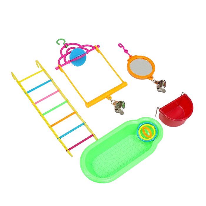 фото Longteng набор игрушек для птиц (ванночка, кормушка, зеркальце, качели, лесенка), 35 х 28