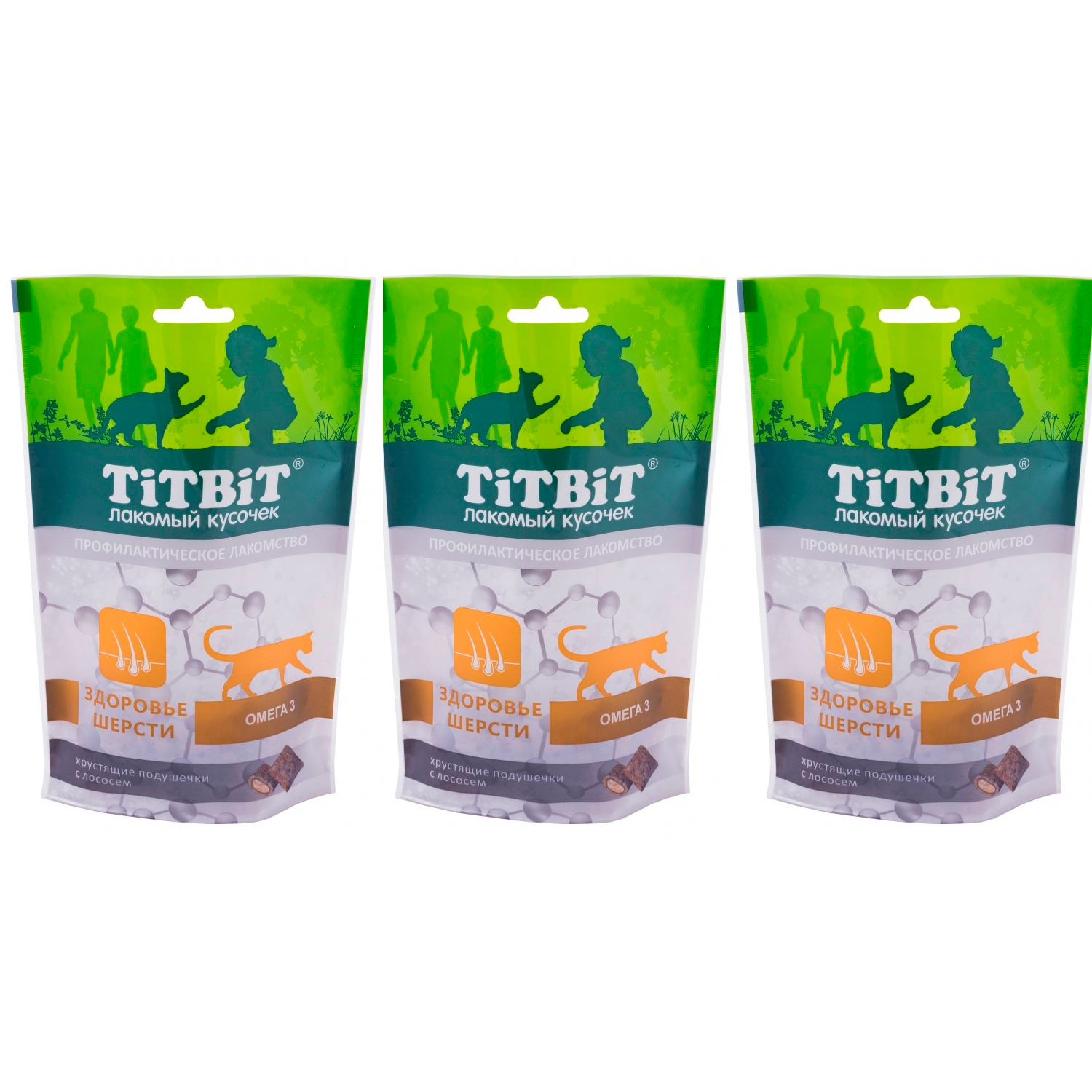 Лакомство для кошек Titbit Хрустящие подушечки с лососем для здоровья шерсти, 60 г, 3 шт