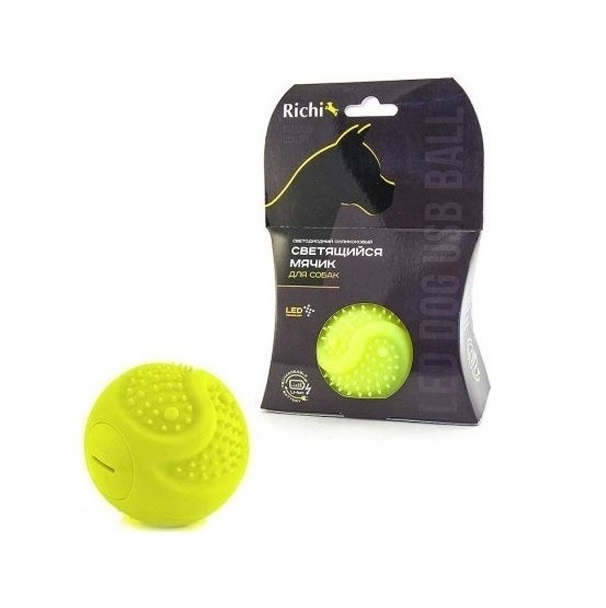 Игрушка для собак Richi светящийся мячик, силикон, желтый, 6,5см