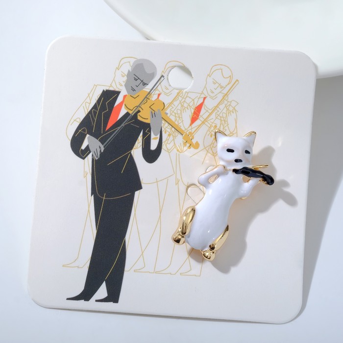 

Брошь "Кот" играет на скрипке, цвет чёрно-белый в золоте