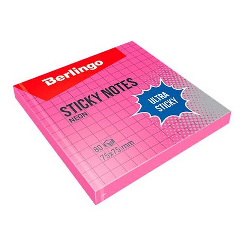 

Самоклеящийся блок Berlingo Ultra Sticky розовый неон 7,5 х 7,5 см в клетку 80 листов