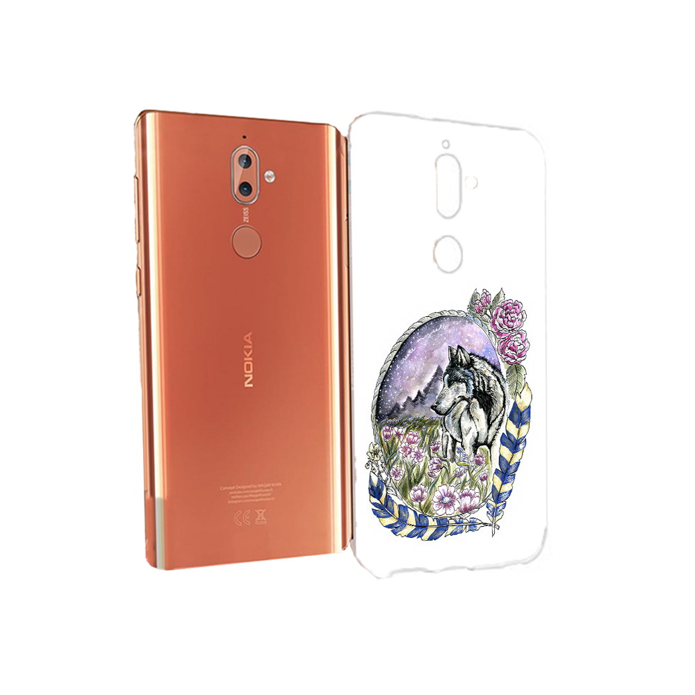 

Чехол MyPads Tocco для Nokia 9 нарисованный волк в цветах с перьями (PT126479.94.509), Прозрачный, Tocco