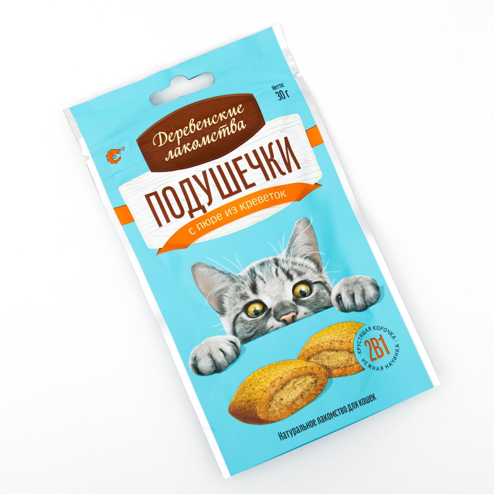 

Лакомство для кошек Деревенские лакомства Подушечки с пюре, креветка, 30 г