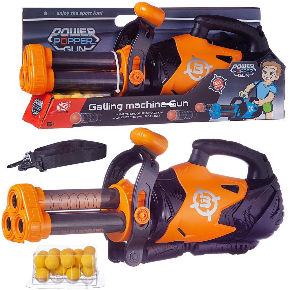 Бластер игрушка Junfa Пулемет трехствольный с ремнем, с 24 мягкими шариками, оранжевый
