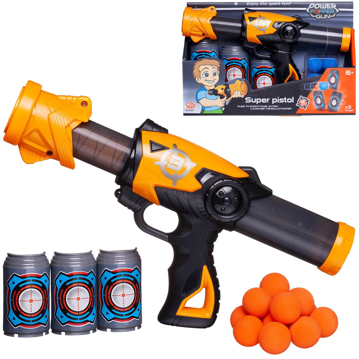 Бластер игрушка Junfa Пистолет c 12 мягкими шариками и 3 банками-мишенями, оранжевый №1 рогатка zing air storm zingshot с 3 мя мягкими шариками as972