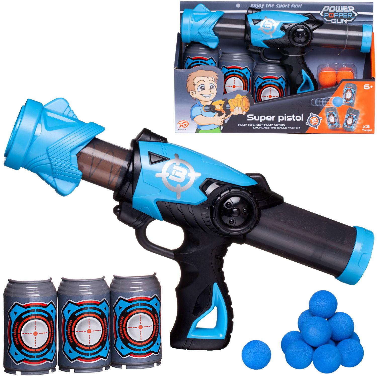 Бластер игрушечный Junfa Пистолет c 12 мягкими шариками и 3 банками-мишенями, голубой №2 рогатка zing air storm zingshot с 3 мя мягкими шариками as972