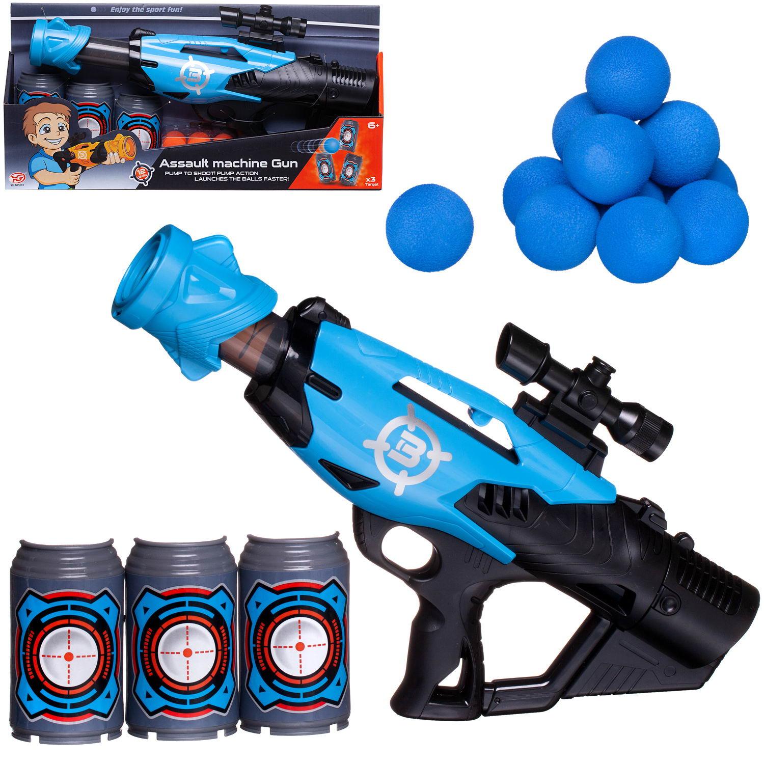 Бластер игрушечный Junfa штурмовой c 12 мягкими шариками и 3 банками-мишенями, голубой junfa бластер с мягкими снарядами 40 шт fj015