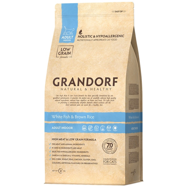 

Сухой корм для кошек Grandorf, низкозерновой, белая рыба, рис, 2 кг