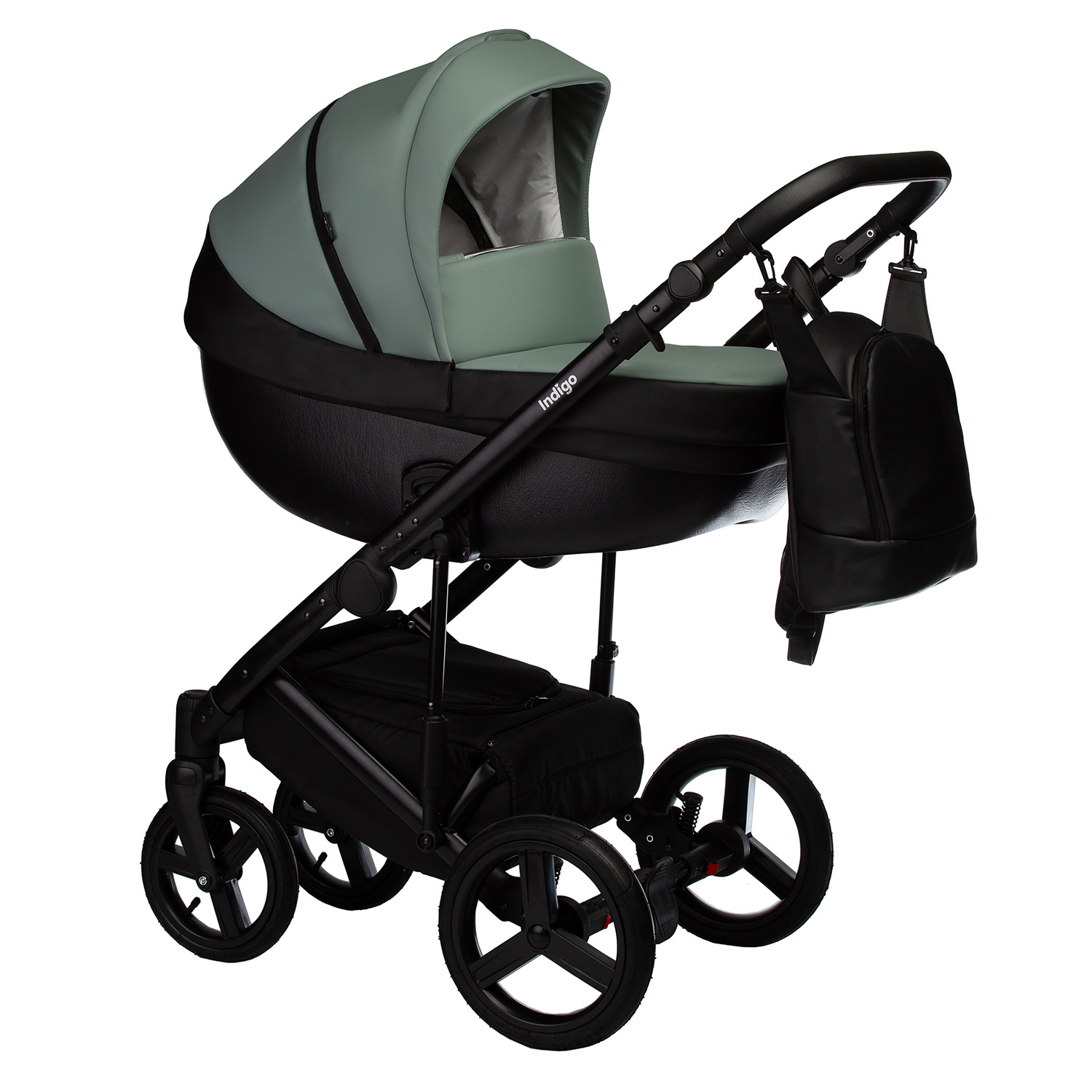 

Коляска INDIGO TOUR ECO 2в1 черная кожа+шалфей кожа, TOUR ECO 2в1