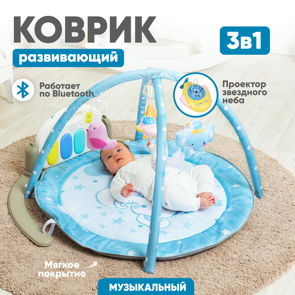 Развивающий музыкальный коврик Solmax для новорожденных с проектором и Bluetooth голубой 4422₽