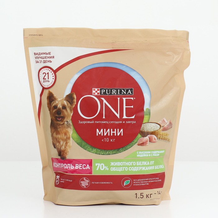 

Сухой корм для собак Purina One mini Здоровый вес, для мелких пород, индейка, рис, 1,5 кг