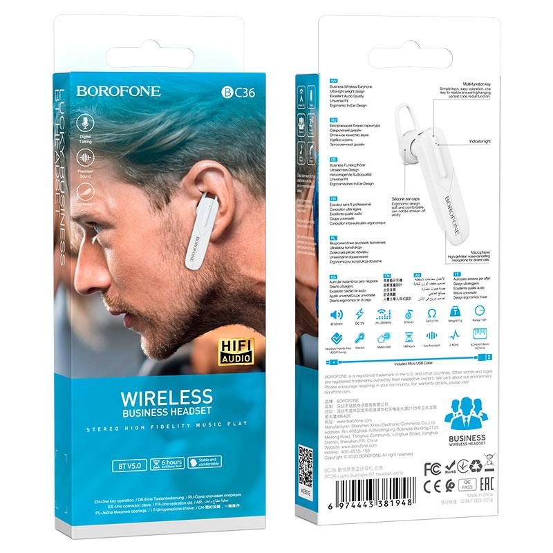 фото Bluetooth-гарнитура borofone bc36 bt5.0/70mah/6ч белая