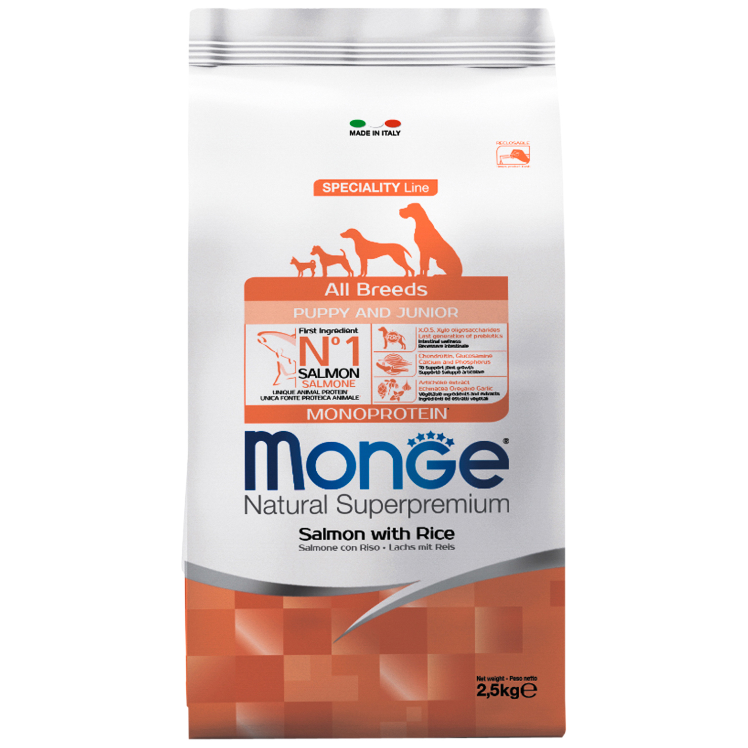 Сухой корм для щенков Monge Dog Speciality Line Monoprotein Puppy&Junior лосось, рис 2,5кг