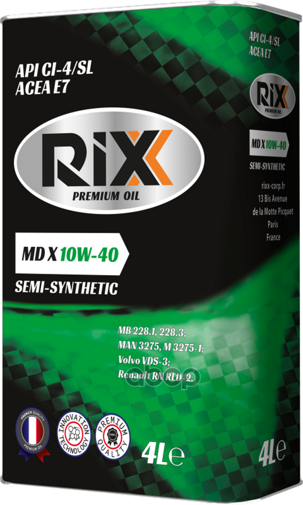 Полусинтетическое моторное масло RIXX MD X 10W-40 API CI-4/SL ACEA E7 4л