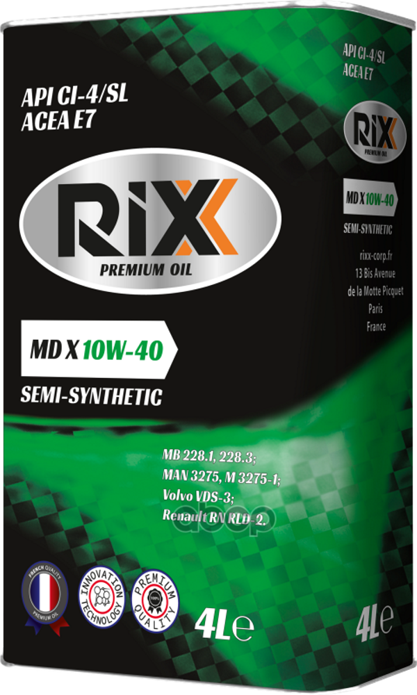 

Полусинтетическое моторное масло RIXX MD X 10W-40 API CI-4/SL ACEA E7 4л