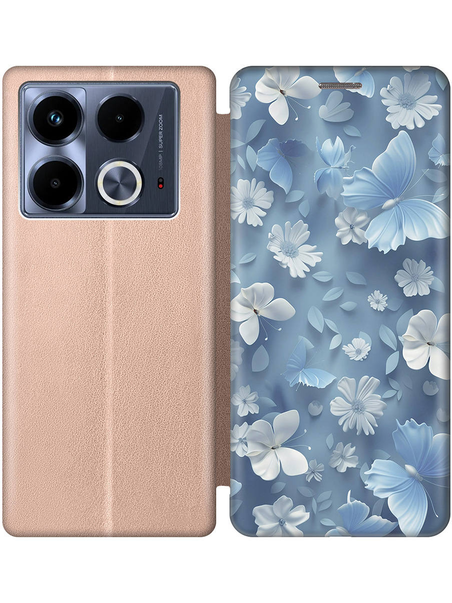 

Чехол-книжка на Infinix Note 40 с принтом "Голубые бабочки" золотой, Золотистый;белый;голубой, 782626423