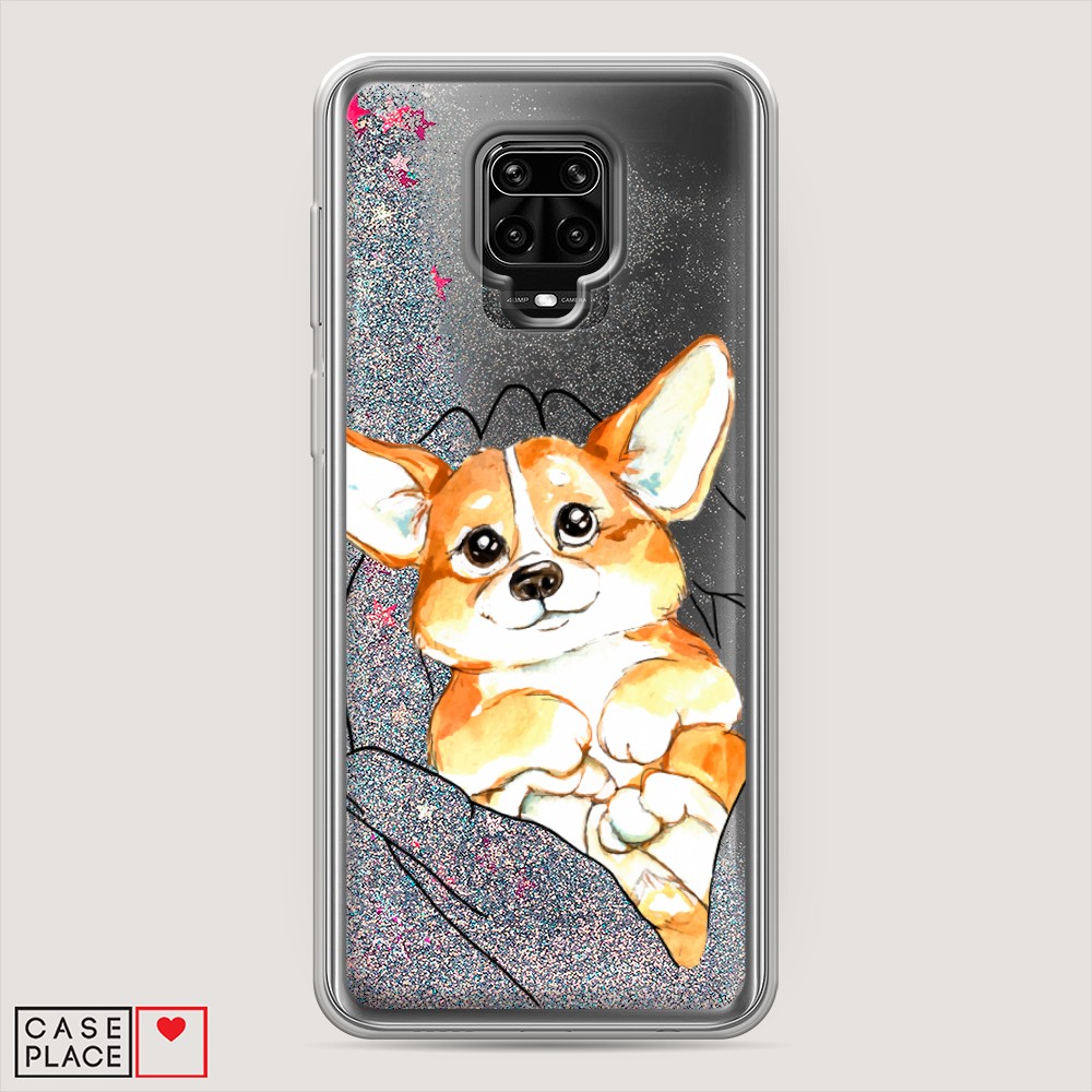 фото Жидкий чехол с блестками "корги в ладошках" на xiaomi redmi note 9s awog