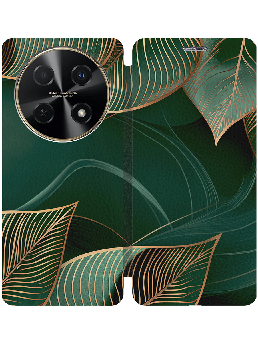 

Чехол-книжка на Huawei nova 12i с принтом "Малахитовые листья" черный, Черный;зеленый, 782624041