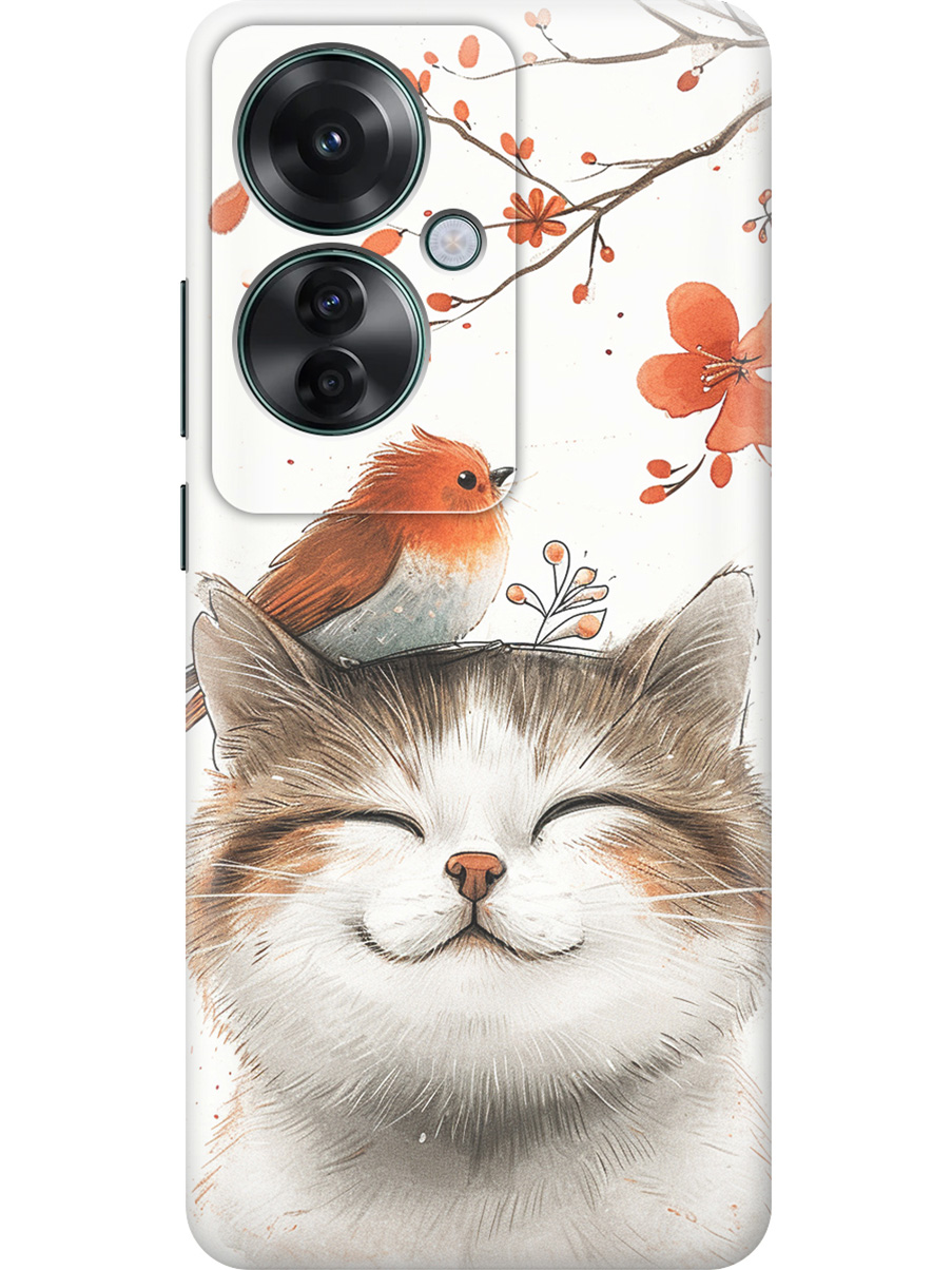 

Силиконовый чехол на Oppo Reno11 f 5G с принтом "Довольный котик и птичка", Прозрачный;белый;красный, 782631211