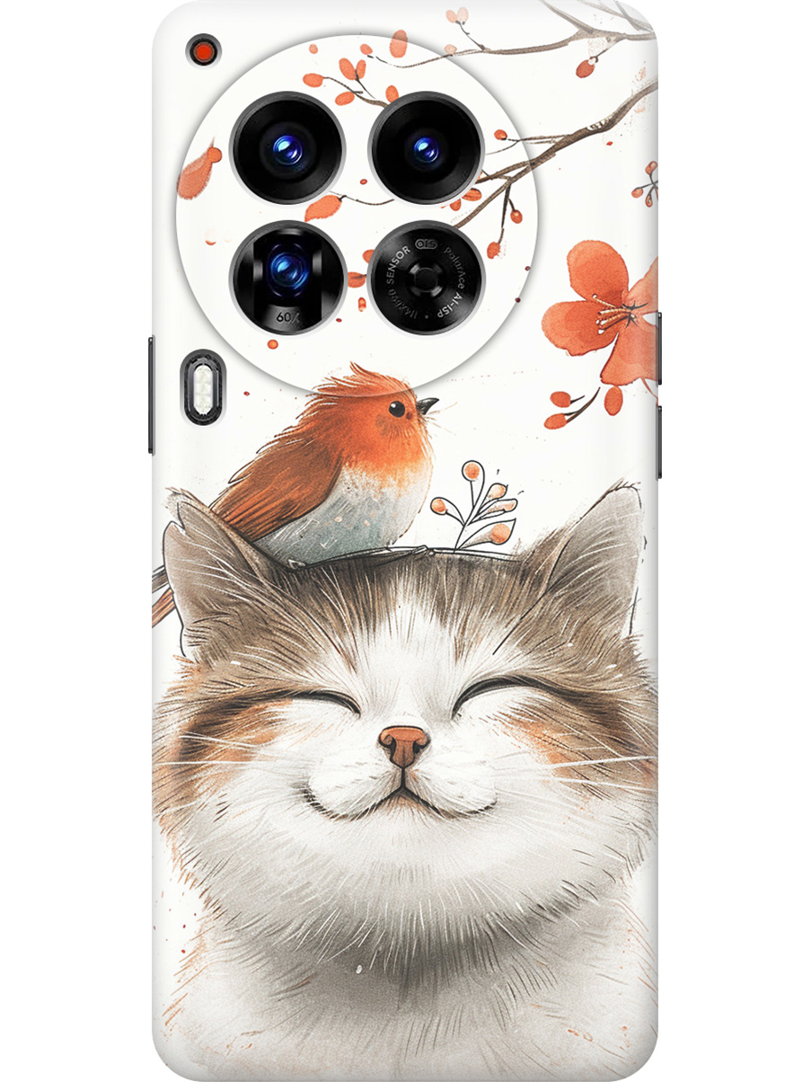

Силиконовый чехол на Tecno Camon 30 Premier 5g с принтом "Довольный котик и птичка", Прозрачный;белый;красный, 782633011