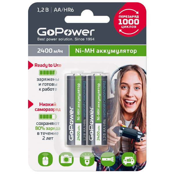 

Аккумулятор предзаряженный RTU GoPower HR6 AA BL2 NI-MH 2400mAh - 2шт.