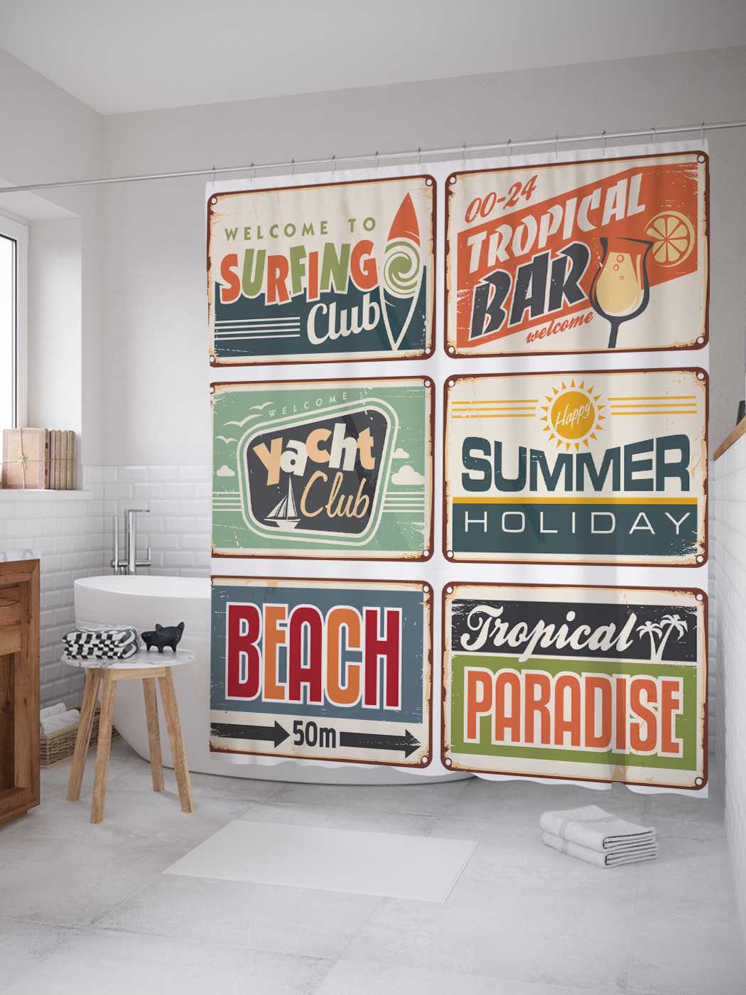 

Штора для ванной JoyArty "Привлекательные вывески" из сатена, 180х200 см с крючками, Бежевый