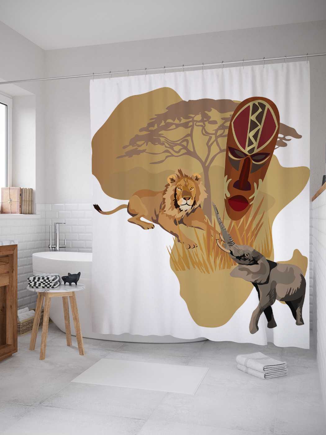 фото Штора для ванной joyarty "лев и слон" из сатена, 180х200 см с крючками