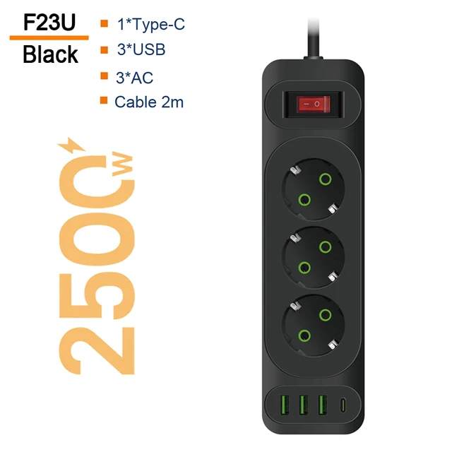 

Удлинитель сетевой фильтр с USB зарядкой, 3 розеток 3 USB +Type-C, f23u