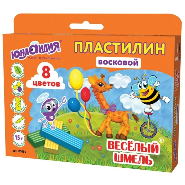 

Пластилин восковой Юнландия Веселый шмель, 8 цветов, 120 г, стек