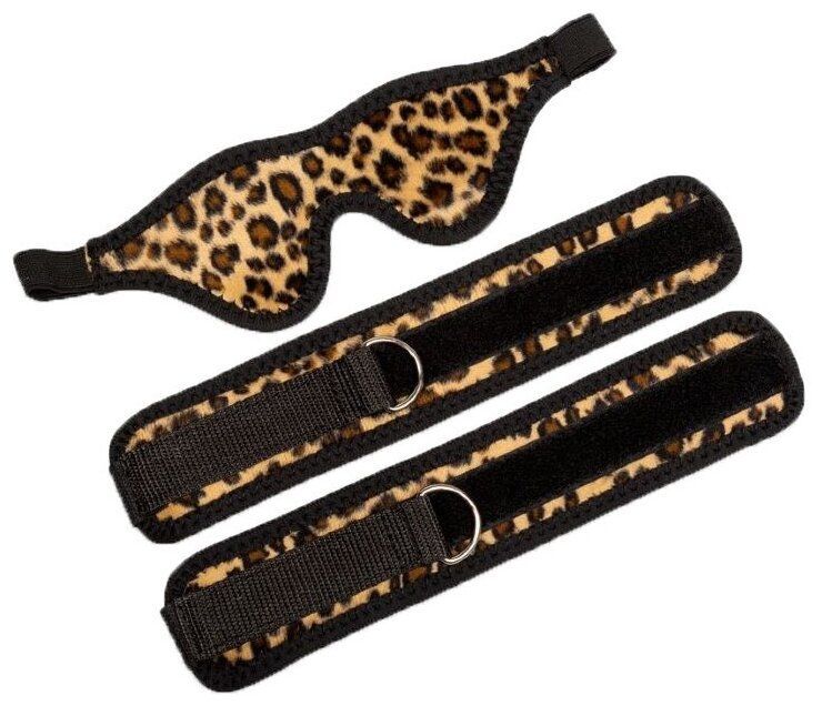 Черно-леопардовый комплект: наручники на липучке и маска без прорезей Пикантные штучки