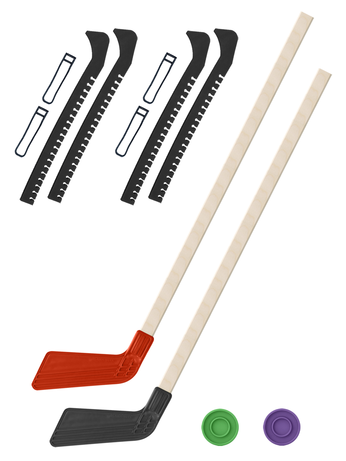 Хоккейный набор Задира-плюс клюшка детская(крас+чер)2шт+2 шайбы+чехлы для коньков черн 2шт