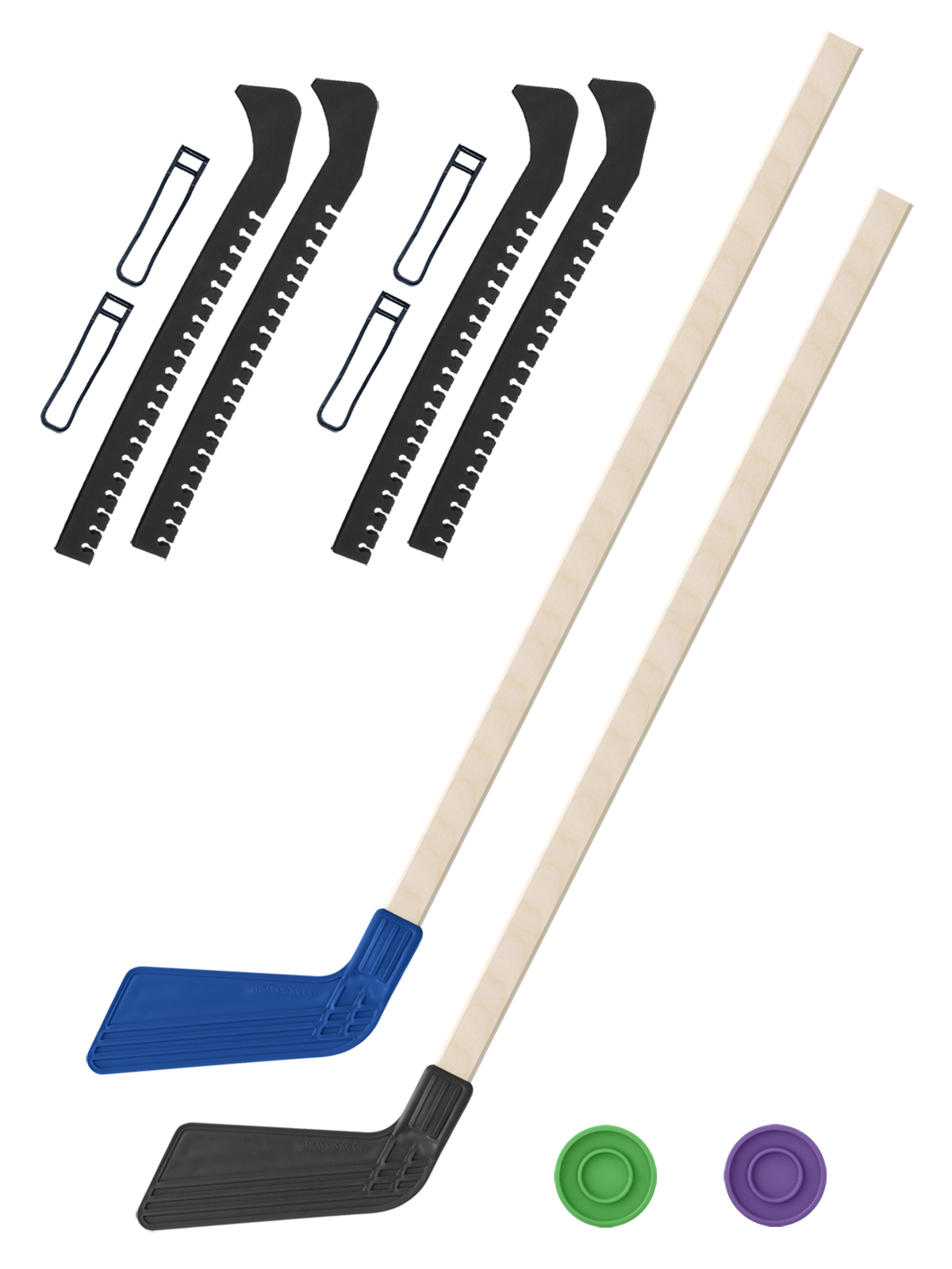 Хоккейный набор Задира-плюс клюшка детская(син+чер)2шт+2 шайбы+чехлы для коньков черн 2шт
