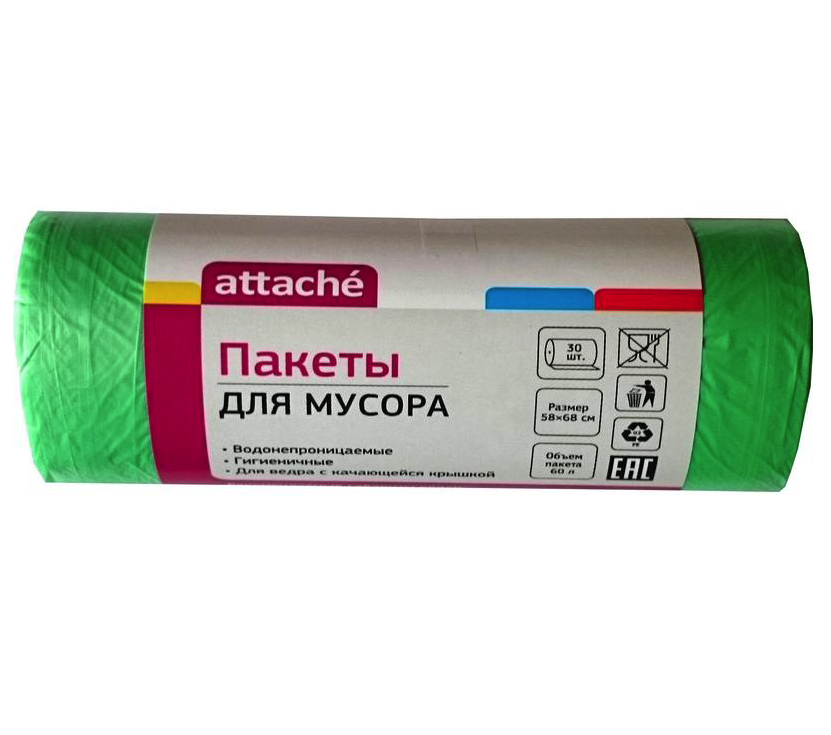 Мешки для мусора на 60 л Attache зеленые (ПНД, 10 мкм, в рулоне 30 шт, 58х66 см) 107528